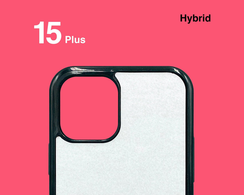 Blank sublimation Hybrid 2 in 1 Case for iPhone 15 Plus. Rubber inside, plastic shell outside. Cover includes 1 insert.